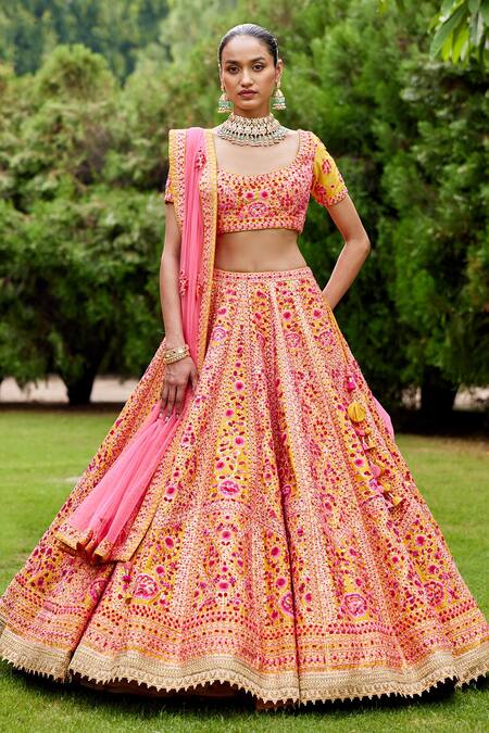 Shyam Narayan Prasad_Red Silk And Net Thread Scoop Neck Embroidered Bridal Lehenga Set _Online_at_Aza_Fashions