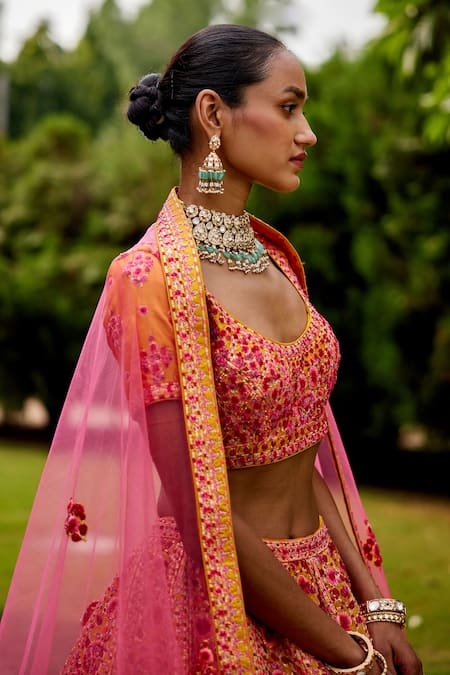 Buy_Shyam Narayan Prasad_Red Silk And Net Thread Scoop Neck Embroidered Bridal Lehenga Set _Online_at_Aza_Fashions