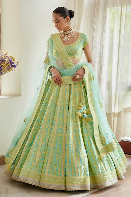 Buy_Shyam Narayan Prasad_Blue Silk And Net Thread & Applique Scoop Neck Embroidered Bridal Lehenga Set _Online_at_Aza_Fashions