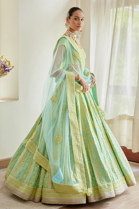 Shop_Shyam Narayan Prasad_Blue Silk And Net Thread & Applique Scoop Neck Embroidered Bridal Lehenga Set _Online_at_Aza_Fashions