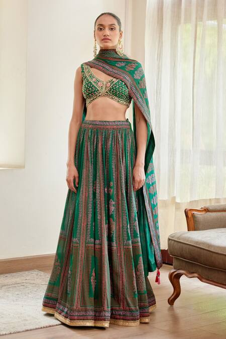 Shyam Narayan Prasad_Green Chinnon Block Print And Zardozi Scoop Neck Lehenga Set _Online_at_Aza_Fashions