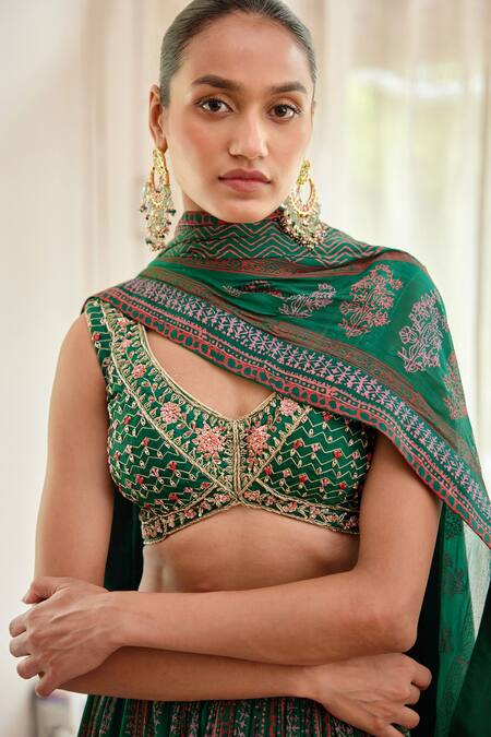 Buy_Shyam Narayan Prasad_Green Chinnon Block Print And Zardozi Scoop Neck Lehenga Set _Online_at_Aza_Fashions