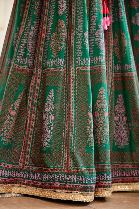 Shyam Narayan Prasad_Green Chinnon Block Print And Zardozi Scoop Neck Lehenga Set _at_Aza_Fashions