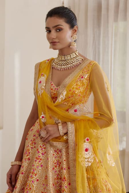 Buy Shyam Narayan Prasad Yellow Silk And Net Gota & Thread Leaf Neck Floral Embroidered Bridal Lehenga Set Online at Aza Fashions Buy_Shyam Narayan Prasad_Yellow Silk And Net Gota & Thread Leaf Neck Floral Embroidered Bridal Lehenga Set _Online_at_Aza_Fashions