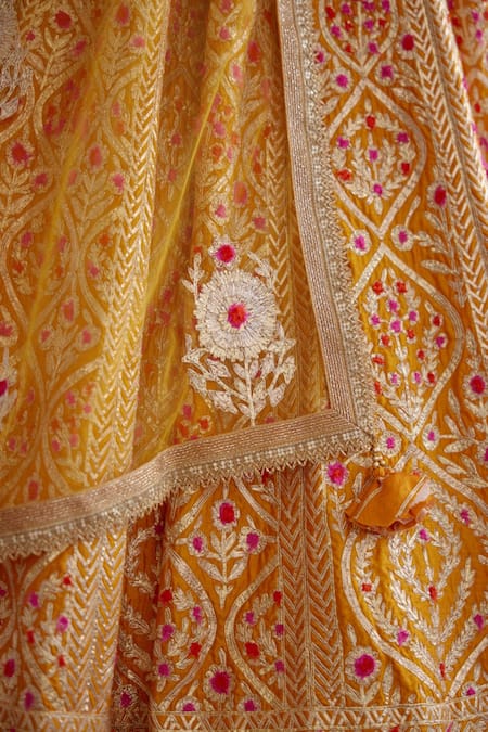 Shyam Narayan Prasad Yellow Silk And Net Gota & Thread Leaf Neck Floral Embroidered Bridal Lehenga Set at Aza Fashions Shyam Narayan Prasad_Yellow Silk And Net Gota & Thread Leaf Neck Floral Embroidered Bridal Lehenga Set _at_Aza_Fashions