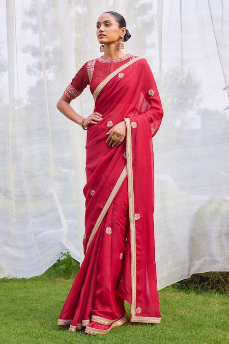 Shyam Narayan Prasad_Red Flat Chiffon And Silk Zardozi Round Placement Embroidered Saree With Blouse _Online_at_Aza_Fashions