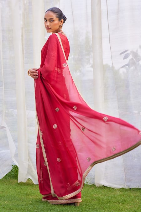 Buy_Shyam Narayan Prasad_Red Flat Chiffon And Silk Zardozi Round Placement Embroidered Saree With Blouse _Online_at_Aza_Fashions