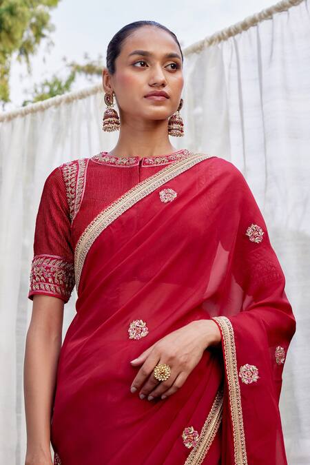 Shop_Shyam Narayan Prasad_Red Flat Chiffon And Silk Zardozi Round Placement Embroidered Saree With Blouse _Online_at_Aza_Fashions
