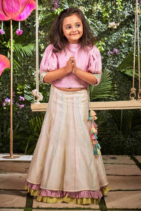 Little Luxury_Off White Chanderi Tassels Layered Lehenga With Blouse _Online_at_Aza_Fashions