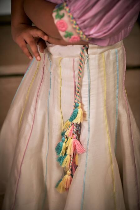 Shop_Little Luxury_Off White Chanderi Tassels Layered Lehenga With Blouse _Online_at_Aza_Fashions