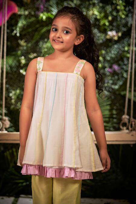 Little Luxury_Off White Chanderi Embroidery Kurta And Pant Set _Online_at_Aza_Fashions