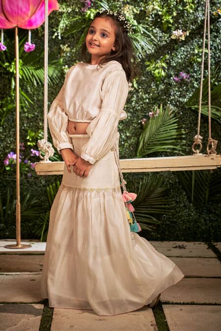 Little Luxury_Off White Chanderi Tassels Pristine Lehenga With Blouse _Online_at_Aza_Fashions