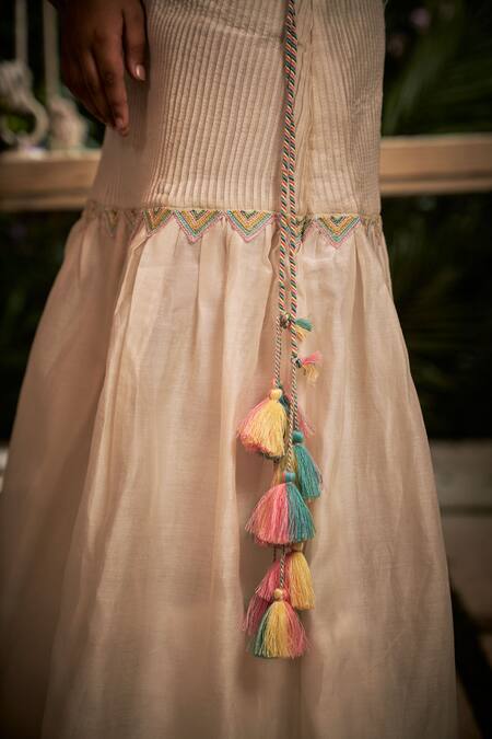 Shop_Little Luxury_Off White Chanderi Tassels Pristine Lehenga With Blouse _Online_at_Aza_Fashions