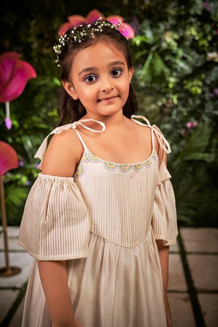 Little Luxury_Off White Chanderi Embroidery Ruffle Maxi Dress _Online_at_Aza_Fashions