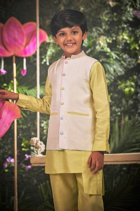 Buy_Little Luxury_Off White Silk, Chanderi Embroidery Bundi And Kurta Set _Online_at_Aza_Fashions