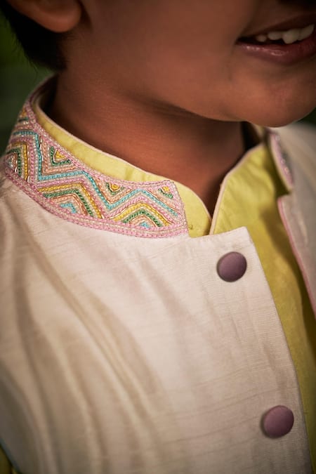 Shop_Little Luxury_Off White Silk, Chanderi Embroidery Bundi And Kurta Set _Online_at_Aza_Fashions