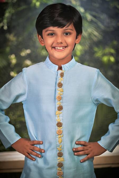 Little Luxury_Blue Chanderi Embroidery Floral Kurta Set _Online_at_Aza_Fashions