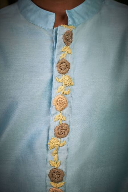 Buy_Little Luxury_Blue Chanderi Embroidery Floral Kurta Set _Online_at_Aza_Fashions
