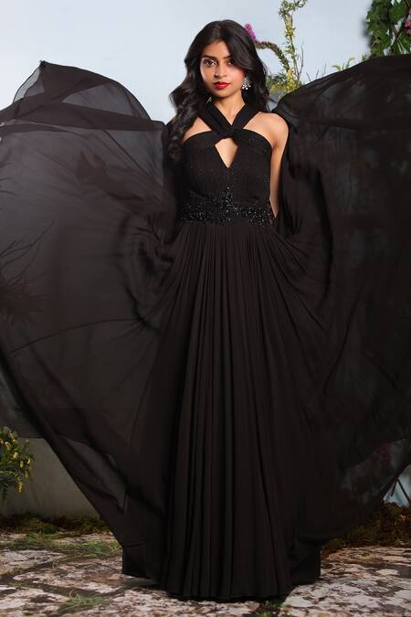 Julie By Julie Shah_Black Georgette Embroidery Floral Halter Neck Ruched Gown _Online_at_Aza_Fashions
