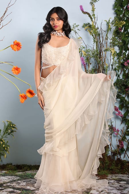 Julie by Julie Shah White Georgette Embroidery Floral Pre-draped Ruffle Saree With Blouse 