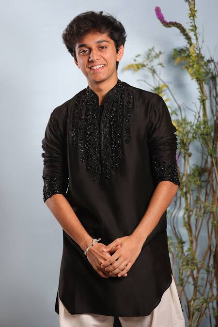 Julie By Julie Shah_Black Chanderi Floral Kurta_Online_at_Aza_Fashions