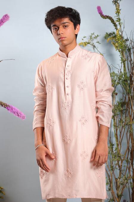 Julie By Julie Shah_Pink Chanderi Floral Embroidered Kurta_Online_at_Aza_Fashions