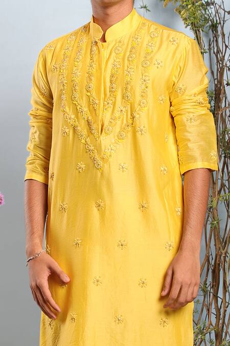 Buy_Julie By Julie Shah_Yellow Chanderi Cutdana, Floral, Resham Embroidered Kurta_Online_at_Aza_Fashions