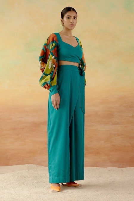 Shweta Aggarwal_Green Organza, Cotton Satin Patchwork Statement Sleeve Top And Palazzo Set _Online_at_Aza_Fashions