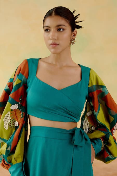 Shop_Shweta Aggarwal_Green Organza, Cotton Satin Patchwork Statement Sleeve Top And Palazzo Set _Online_at_Aza_Fashions