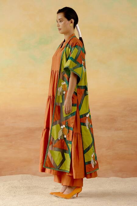 Shop_Shweta Aggarwal_Orange Organza, Chanderi, Cotton Satin Tiered Set With Color Block Cape _Online_at_Aza_Fashions
