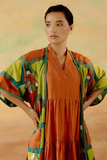 Shweta Aggarwal_Orange Organza, Chanderi, Cotton Satin Tiered Set With Color Block Cape _at_Aza_Fashions