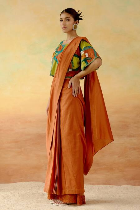 Shweta Aggarwal_Orange Organza, Chanderi, Cotton Satin Patchwork Pre-stitched Saree With Blouse _Online_at_Aza_Fashions