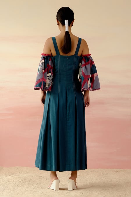 Shop Shweta Aggarwal Blue Organza, Cotton Satin Patchwork Square Neck Color Block Flared Sleeve Dress at Aza Fashions Shop_Shweta Aggarwal_Blue Organza, Cotton Satin Patchwork Square Neck Color Block Flared Sleeve Dress _at_Aza_Fashions