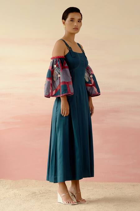 Shweta Aggarwal Blue Organza, Cotton Satin Patchwork Square Neck Color Block Flared Sleeve Dress Online at Aza Fashions Shweta Aggarwal_Blue Organza, Cotton Satin Patchwork Square Neck Color Block Flared Sleeve Dress _Online_at_Aza_Fashions