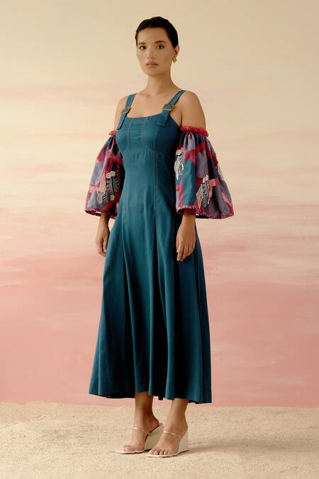 Buy Shweta Aggarwal Blue Organza, Cotton Satin Patchwork Square Neck Color Block Flared Sleeve Dress Online at Aza Fashions Buy_Shweta Aggarwal_Blue Organza, Cotton Satin Patchwork Square Neck Color Block Flared Sleeve Dress _Online_at_Aza_Fashions