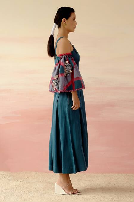 Shop Shweta Aggarwal Blue Organza, Cotton Satin Patchwork Square Neck Color Block Flared Sleeve Dress Online at Aza Fashions Shop_Shweta Aggarwal_Blue Organza, Cotton Satin Patchwork Square Neck Color Block Flared Sleeve Dress _Online_at_Aza_Fashions