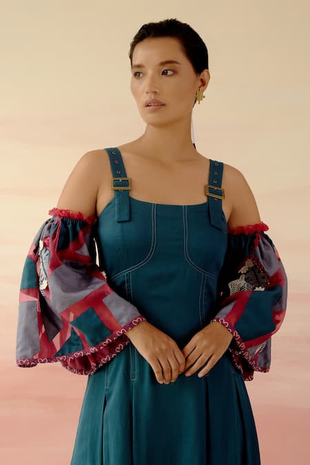 Shweta Aggarwal Blue Organza, Cotton Satin Patchwork Square Neck Color Block Flared Sleeve Dress at Aza Fashions Shweta Aggarwal_Blue Organza, Cotton Satin Patchwork Square Neck Color Block Flared Sleeve Dress _at_Aza_Fashions