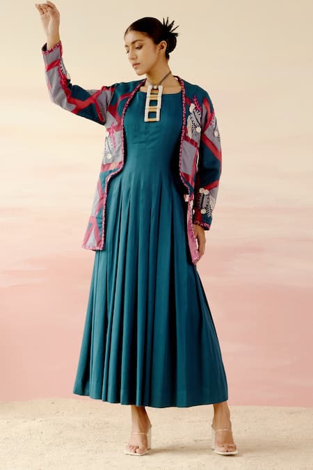 Shweta Aggarwal Blue Cotton Satin Embroidered Patchwork Dress Boat Neck Pleated With Cape