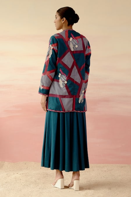 Shop Shweta Aggarwal Blue Organza, Cotton Satin Patchwork Dress Boat Pleated With Embroidered Cape at Aza Fashions Shop_Shweta Aggarwal_Blue Organza, Cotton Satin Patchwork Dress Boat Pleated With Embroidered Cape _at_Aza_Fashions