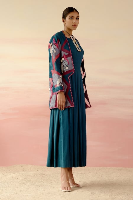 Shweta Aggarwal Blue Organza, Cotton Satin Patchwork Dress Boat Pleated With Embroidered Cape Online at Aza Fashions Shweta Aggarwal_Blue Organza, Cotton Satin Patchwork Dress Boat Pleated With Embroidered Cape _Online_at_Aza_Fashions