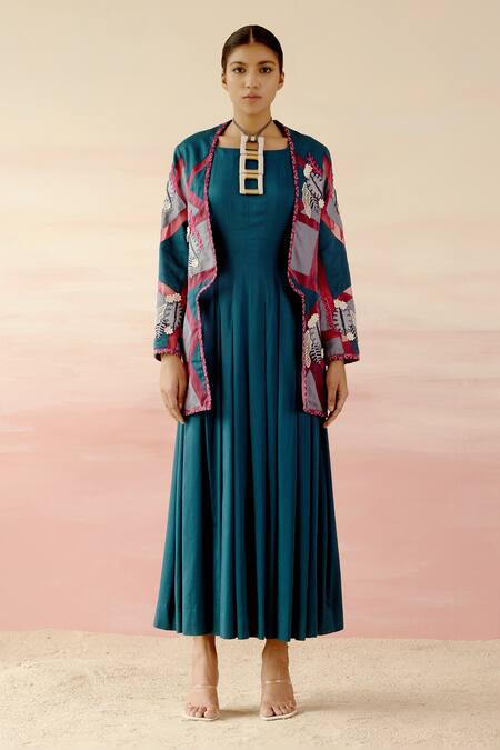 Buy Shweta Aggarwal Blue Organza, Cotton Satin Patchwork Dress Boat Pleated With Embroidered Cape Online at Aza Fashions Buy_Shweta Aggarwal_Blue Organza, Cotton Satin Patchwork Dress Boat Pleated With Embroidered Cape _Online_at_Aza_Fashions