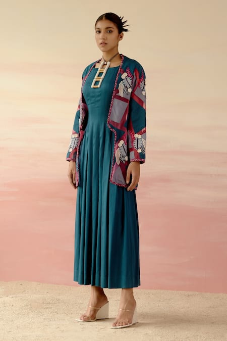 Shop Shweta Aggarwal Blue Organza, Cotton Satin Patchwork Dress Boat Pleated With Embroidered Cape Online at Aza Fashions Shop_Shweta Aggarwal_Blue Organza, Cotton Satin Patchwork Dress Boat Pleated With Embroidered Cape _Online_at_Aza_Fashions