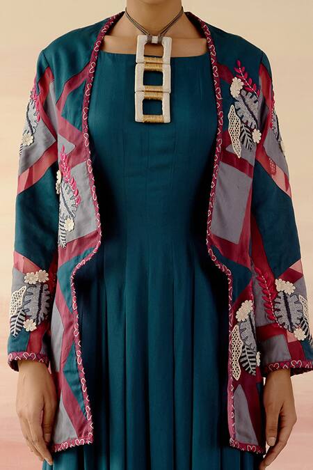 Shweta Aggarwal Blue Organza, Cotton Satin Patchwork Dress Boat Pleated With Embroidered Cape at Aza Fashions Shweta Aggarwal_Blue Organza, Cotton Satin Patchwork Dress Boat Pleated With Embroidered Cape _at_Aza_Fashions