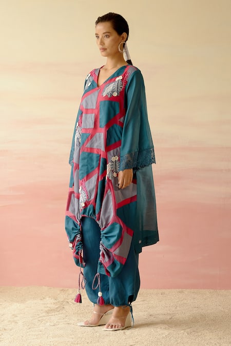 Shweta Aggarwal Blue Cotton Satin Embroidered Patchwork Appliques Color Block Kaftan And Pant Set  3