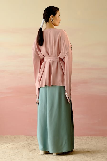 Shop Shweta Aggarwal Beige Crepe, Italian Satin Geometric Motifs V Neck Kaftan Top And Draped Skirt Set at Aza Fashions Shop_Shweta Aggarwal_Beige Crepe, Italian Satin Geometric Motifs V Neck Kaftan Top And Draped Skirt Set _at_Aza_Fashions