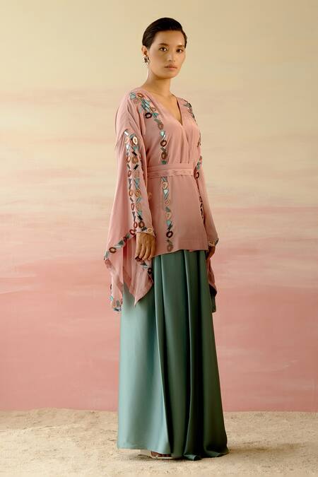 Shweta Aggarwal Beige Crepe, Italian Satin Geometric Motifs V Neck Kaftan Top And Draped Skirt Set Online at Aza Fashions Shweta Aggarwal_Beige Crepe, Italian Satin Geometric Motifs V Neck Kaftan Top And Draped Skirt Set _Online_at_Aza_Fashions