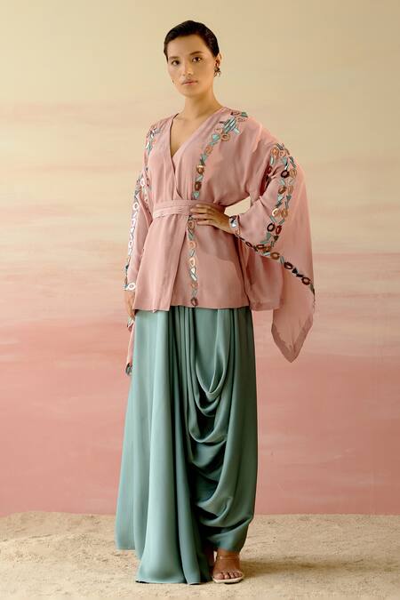 Buy Shweta Aggarwal Beige Crepe, Italian Satin Geometric Motifs V Neck Kaftan Top And Draped Skirt Set Online at Aza Fashions Buy_Shweta Aggarwal_Beige Crepe, Italian Satin Geometric Motifs V Neck Kaftan Top And Draped Skirt Set _Online_at_Aza_Fashions