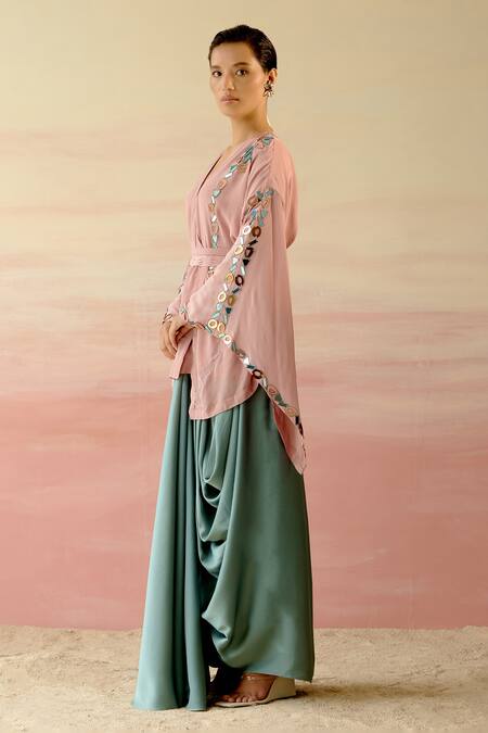 Shop Shweta Aggarwal Beige Crepe, Italian Satin Geometric Motifs V Neck Kaftan Top And Draped Skirt Set Online at Aza Fashions Shop_Shweta Aggarwal_Beige Crepe, Italian Satin Geometric Motifs V Neck Kaftan Top And Draped Skirt Set _Online_at_Aza_Fashions