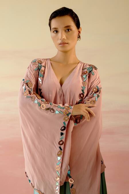 Shweta Aggarwal Beige Crepe, Italian Satin Geometric Motifs V Neck Kaftan Top And Draped Skirt Set at Aza Fashions Shweta Aggarwal_Beige Crepe, Italian Satin Geometric Motifs V Neck Kaftan Top And Draped Skirt Set _at_Aza_Fashions