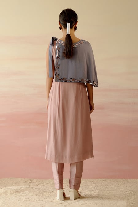 Shop Shweta Aggarwal Beige Chanderi, Crepe, Cotton Satin Geometric Motifs Cape Round Tunic Set With at Aza Fashions Shop_Shweta Aggarwal_Beige Chanderi, Crepe, Cotton Satin Geometric Motifs Cape Round Tunic Set With _at_Aza_Fashions